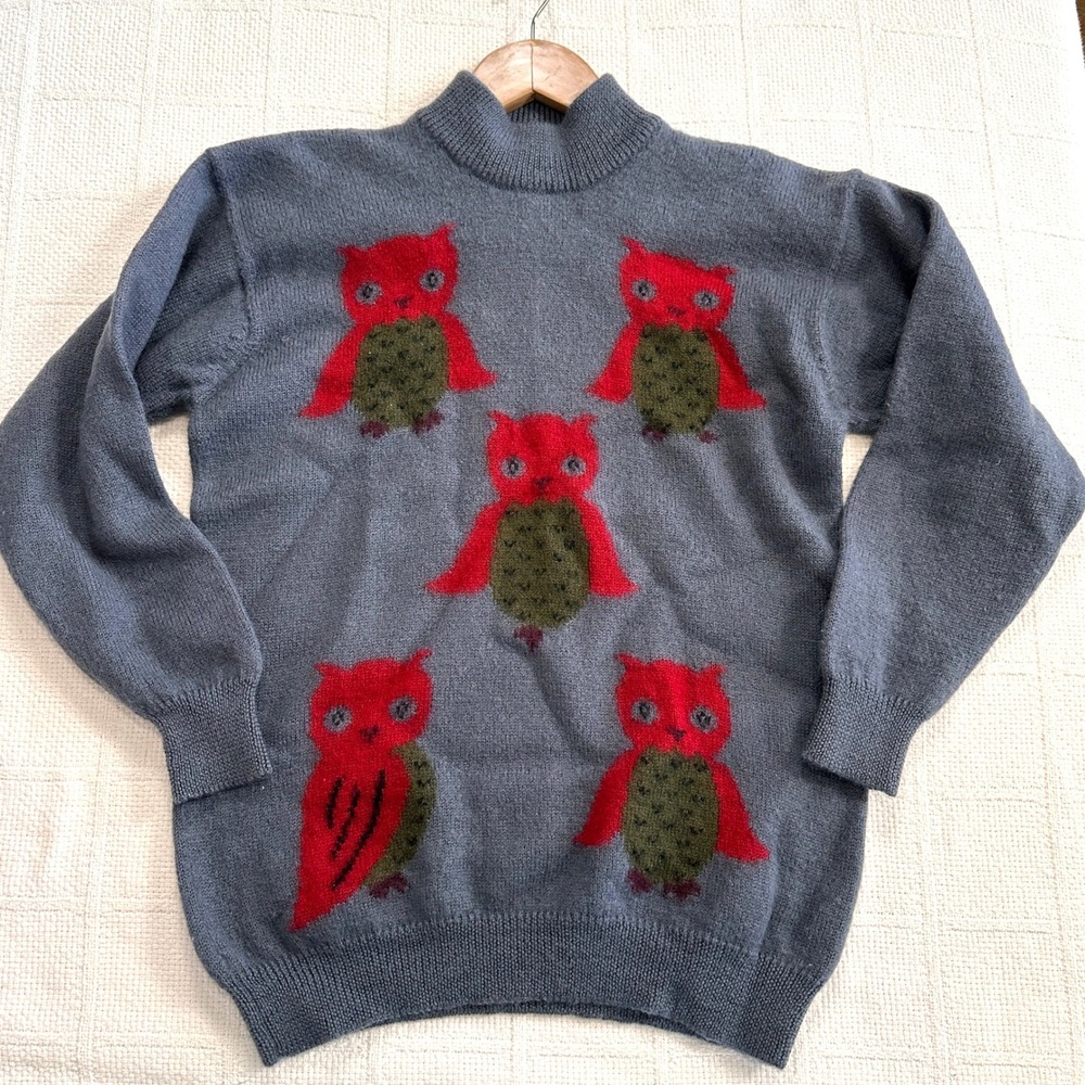 VTG 90s Bill Nord Wool Owl Turtleneck Sweater Gray Red Art Teacher S SEE DESC